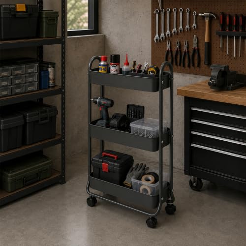 SunnyPoint Slim Rolling Storage Cart, 3 Tier Bathroom Storage Organizer Bathroom, Laundry Utility Cart (Grey) - color: Gray