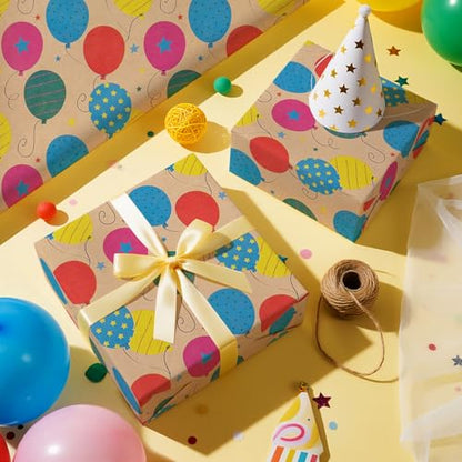 WRAPAHOLIC Kraft Wrapping Paper Roll - Striped Brown Kraft Paper for Birthday Gift Wrapping - 17in x 16in Each Roll, Total 23 Sq. Ft. - Birthday Balloon - color: Birthday Balloon, size: 1 Roll (Pack of 1)