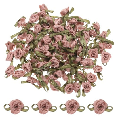 MECCANIXITY 100pcs Nude Pink Ribbon Roses 5/8"x1-3/16" Mini Roses for Crafts Little Satin Bows Roses Artificial Flowers - color: Nude Pink