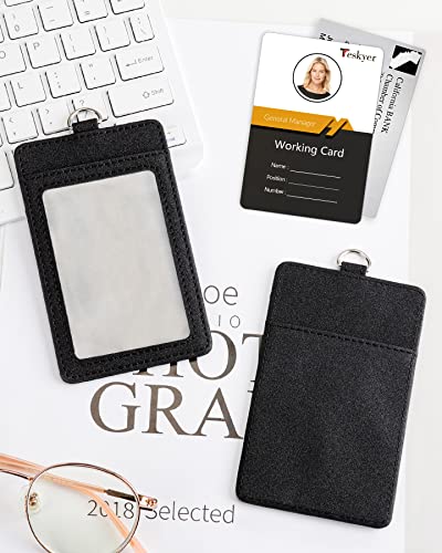 Teskyer Leather ID Badge Holder with Lanyard, Vertical Starry Black - color: Starry Black, size: Vertical