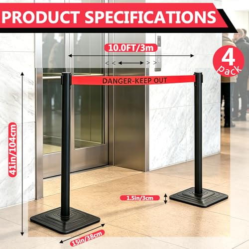 4 Pack Crowd Control Stanchions with 10FT Retractable Red Warning Belt - color: DANGER-KEEP OUT BELT