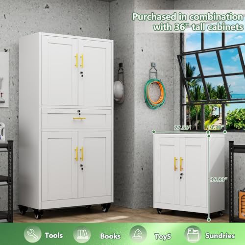 Lockable Metal Storage Cabinet, 74" Tall White Cabinet with Wheels - color: White-with Wheels, size: 15.74"D x 35.43"W x 74"H