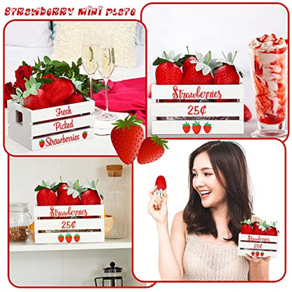 Maitys Mini Strawberry Table Decor, Wooden Crate with 8 Faux Strawberries