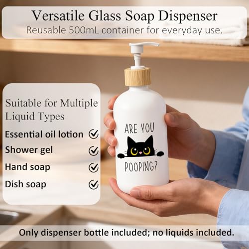 Black Cat Bathroom Glass Soap Dispenser, are You Pooping Hand Soap Dispenser for Bathroom, Black Cat Lover Gifts Refillable Handsoap Pump Bottle for Washroom Restroom Countertop