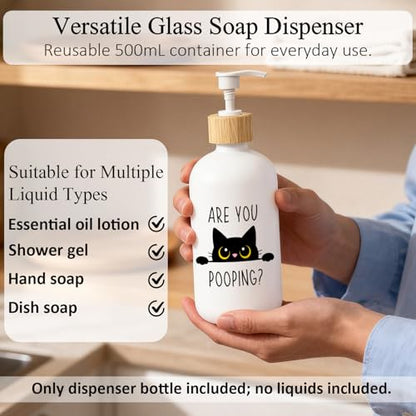 Black Cat Bathroom Glass Soap Dispenser, are You Pooping Hand Soap Dispenser for Bathroom, Black Cat Lover Gifts Refillable Handsoap Pump Bottle for Washroom Restroom Countertop
