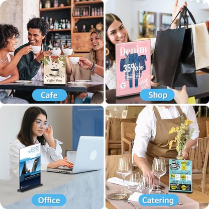Acrylic Sign Holder 8.5x11, 6 Pack Double Sided Clear Display Stand with Black Base, T-Shape Table Number Holders, Plastic Picture Frames, Menu Brochure Sign Holder for Office, Show Fair, Restaurants