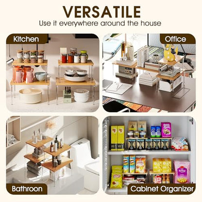 Jolitac Cabinet Organizer Shelf - Set of 4 Clear Acrylic Spice Rack, Stackable Pantry Storage Shelves for Kitchen Counter, Bathroom, Desk - Multi-Purpose Bamboo Space Saving Shelves, Easy Assembly