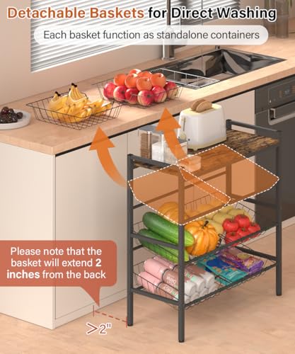 4-Tier Fruit and Vegetable Storage Rack, Freestanding Snack Stand Shelf with 6 Removable Baskets, Small Kitchen Island with Wood Top for Pantry Floor Organization, Black