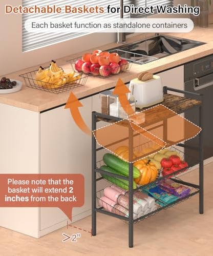 4-Tier Fruit and Vegetable Storage Rack, Freestanding Snack Stand Shelf with 6 Removable Baskets, Small Kitchen Island with Wood Top for Pantry Floor Organization, Black