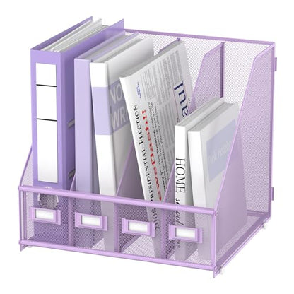 SUPEASY Magazine File Holder Desk Organizer, Metal Binder Holder with 4 Vertical Compartments for Office Home School, Purple - color: Purple