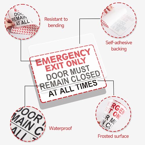 Emergency Exit Only Signs Sticker，Self Adhesive UV, Weather, Scratch, Water & Fade Resistant Door Must Remain Closed At All Times sign for Business, Schools, Offices, Storage Rooms, Hospitals - color: Emergency Exit Only145