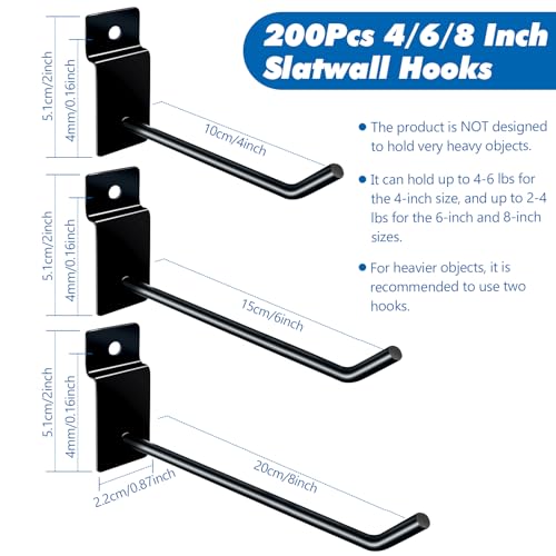 Slatwall Hooks 200Pcs - 4/6/8 Inch Slatwall Accessories - Hanging Hooks & Hangers for Garage, Shop, Retail Display