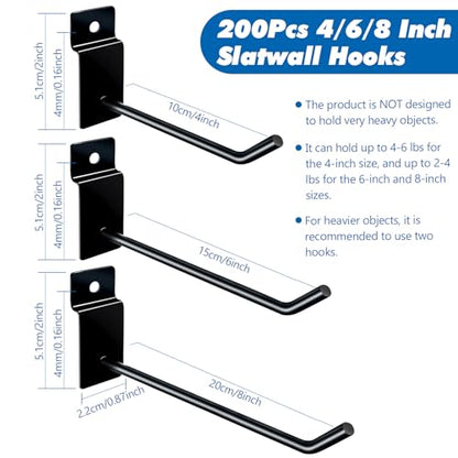 Slatwall Hooks 200Pcs - 4/6/8 Inch Slatwall Accessories - Hanging Hooks & Hangers for Garage, Shop, Retail Display