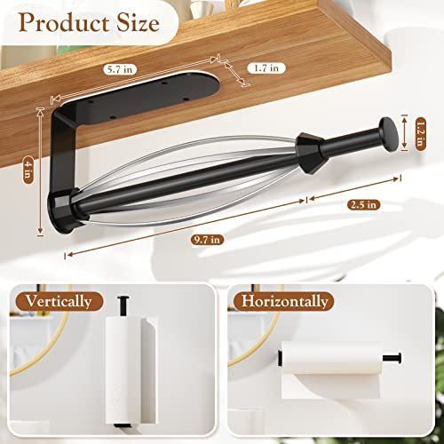 Paper Towel Holder Under Cabinet, Single Hand Operable Wall Mount with Damping Effect, Self-Adhesive or Drilled Paper Roll Holders for Kitchen, Bathroom, RV(2 Towel Robe Hooks) - color: Black