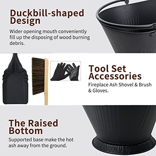 Poofzy Ash Bucket for Fireplace, 3.2 Gallon Metal Fireplace Ash Bucket for Wood Stove, Includes Shovel, Broom and Gloves Indoor & Outdoor - size: 3.2 Gallon (Black)