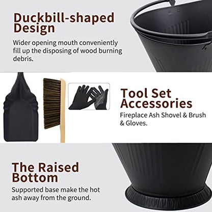 Poofzy Ash Bucket for Fireplace, 3.2 Gallon Metal Fireplace Ash Bucket for Wood Stove, Includes Shovel, Broom and Gloves Indoor & Outdoor - size: 3.2 Gallon (Black)