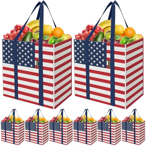 BALEINE 8 PK Grocery Bags Reusable Shopping Bags with Reinforced Bottom, Heavy Duty Foldable Tote Bags (Patriot Celebration) - color: Patriot Celebration, size: 8 PK