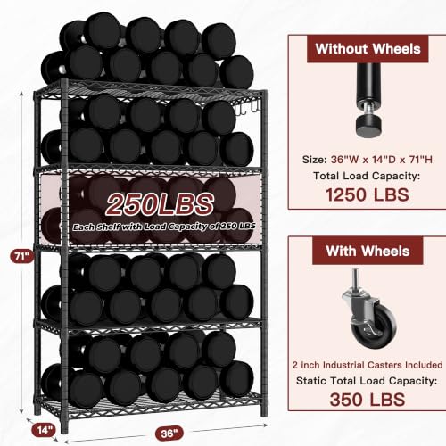 PrimeZone 74" H Wire Shelving 1250lbs 5 Tier Storage Shelves with Wheels - size: 36" W x 14" D x 74" H