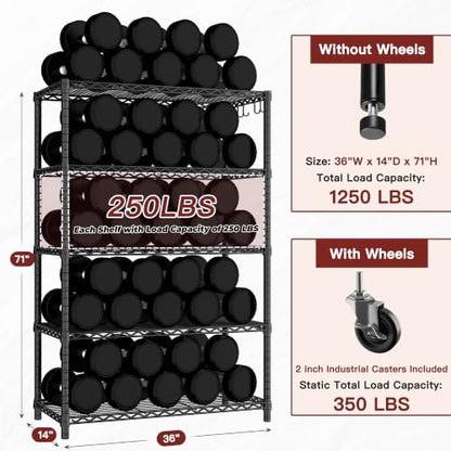 PrimeZone 74" H Wire Shelving 1250lbs 5 Tier Storage Shelves with Wheels - size: 36" W x 14" D x 74" H