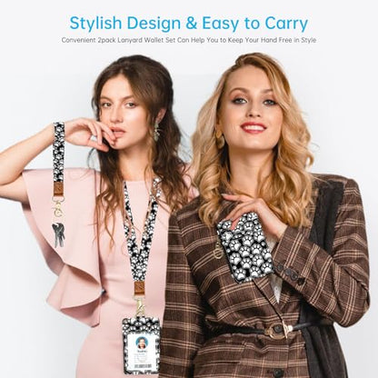 Black and White Dog Paws 2-in-1 ID Badge Holder & Lanyard Wallet for Teachers,Nurse,Professionals-Cute Zippered Coin Pouch,Removable Wristlet & Neck Lanyard,5 Card Slots Stylish Work Essential - color: Black and White Dog Paws