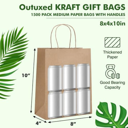 OUTUXED 1500pcs 8x4x10in Brown Paper Bags with Handles, Kraft Gift Bags - color: Brown 8x4x10in, size: 1 Count (Pack of 1500)