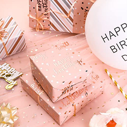 LeZakaa Reversible Pink Birthday Wrapping Paper Roll for Girls Women, Happy Birthday Lettering & Stripe Pattern with Metallic Foil in Pink, Large Roll, 30 inches x 32.8 Feet (92.9 sq.ft.) - color: Birthday - Metallic Pink, size: 30" X 32.8 ft