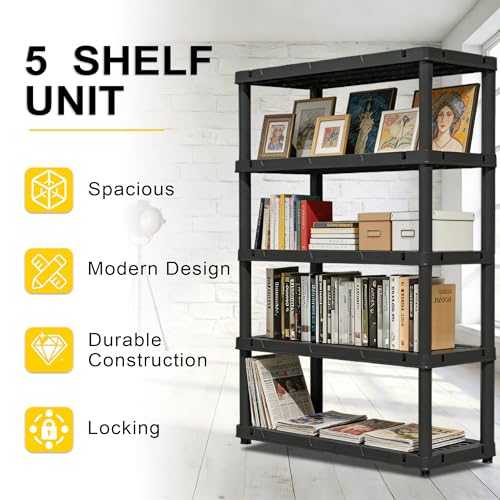 72”H Plastic Garage Storage Shelves,5-Tier Heavy Duty Plastic Shelving,700LBS Plastic Shelving Units Free Standing,for Home,Garage,Basement, Laundry,Black,16.93" Dx35.43 Wx72.44 H - size: 72.44" H x 35.43" W x 16.93" D