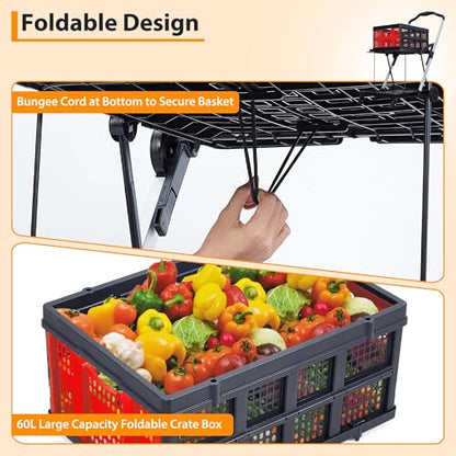 Foldable Shopping Cart, 1 Storage Crate, 2 Tier Collapsible Utility Cart - color: Red