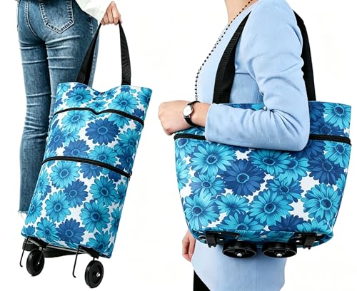 Collapsible Shopping Bag with Wheels Portable Shopping Cart with 360° Swivel Wheels Rolling Tote Bag Reusable Grocery Bag Trolley Bag on Wheels for Travel Shopping and Daily Use(Blue) - color: Blue