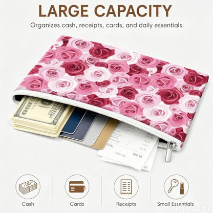 Money Bag with Zipper, Cute PU Leather Cash Bags, Portable Bank Bag Money Pouch for Cash, Coins, Checks, Receipts, Invoices Cosmetics Tools, Deposit Bag for Office Travel, Pink Rose - color: Pink Rose