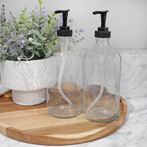 Cornucopia Brands 16-Oz Clear Glass Pump Bottles (2-Pack); Refillable Soap Dispenser Black Lotion Pump Transparent Boston Round Bottles + Chalk Labels & Lids