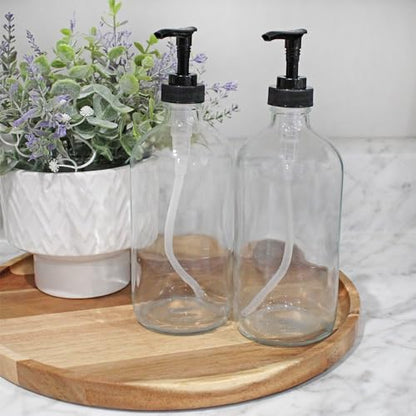 Cornucopia Brands 16-Oz Clear Glass Pump Bottles (2-Pack); Refillable Soap Dispenser Black Lotion Pump Transparent Boston Round Bottles + Chalk Labels & Lids