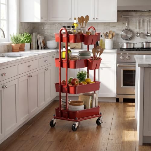 Simple Houseware 4-Tier Rolling Utility Cart with Hanging Bucket, Red - color: Red, size: 4-Tier