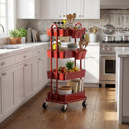 Simple Houseware 4-Tier Rolling Utility Cart with Hanging Bucket, Red - color: Red, size: 4-Tier