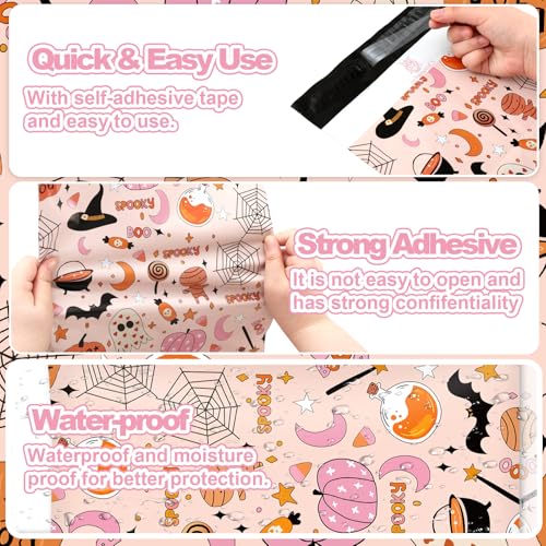 JarThenaAMCS 100 Pcs Halloween Poly Mailers 10 x 13 Inch Pink Cartoon Spooky Pumpkin Spiderweb Packaging Bags Self Seal Mailing Envelope Bags for Small Business Clothing