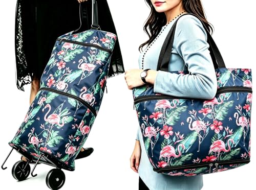 Upgrade Collapsible Shopping Bag with Wheels Portable Shopping Cart with 360° Swivel Wheels Extral Large Reusable Grocery Bag for Travel Shopping and Daily Use(Extral Large Flamingos Wheels Hiden) - color: Extral Large Flamingos Wheels Hiden