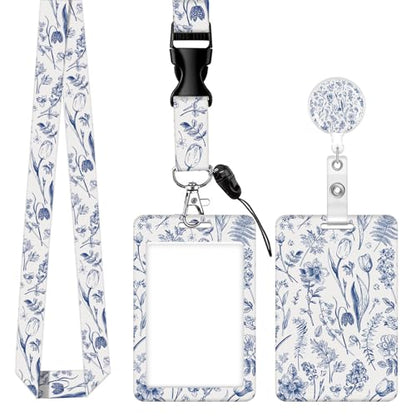 ID Badge Holder with Lanyard, Retractable Badge Holders Reels with Lanyards Adjustable, for Women Kids Teacher Nurses Doctor Student Gifts(Blue Flower Leaf) - color: Blue Flower Leaf