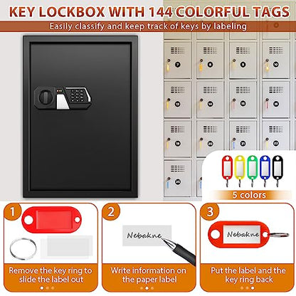 144 Keys Heavy Duty Fireproof Key Lock Box Wall Mount with Code&Hook Plates - size: 144 Keys