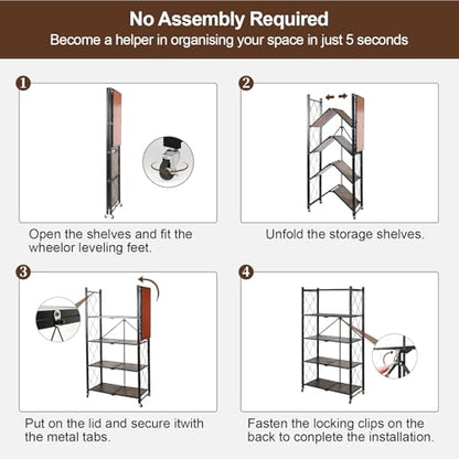 5 Tier Folding Shelf with Wheels, Wood and Metal Bookshelf - color: Brown Wooden, size: 5 Tier