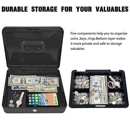 Steel Cash Box with Key Lock, Metal Small Money Organizer with Money Tray,Cash Storage Box with Lockable Cover (Black - 12 inch) - color: Black - 11.8" x 9.4" x 3.5"