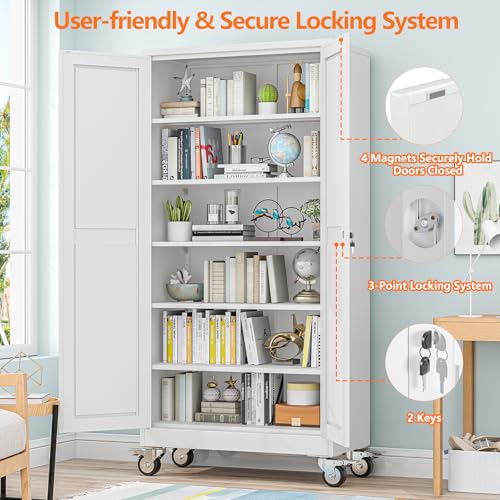 pozdeg 73.6" White Lockable Rolling Metal Garage Storage Cabinet - color: White, size: 17.7"D x 35.4"W x 73.6"H