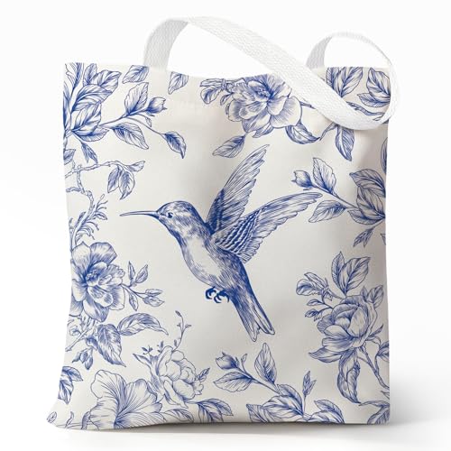 Cute Canvas Tote Bag for Women, Book Totebag with Zipper Pocket - color: Hummingbird
