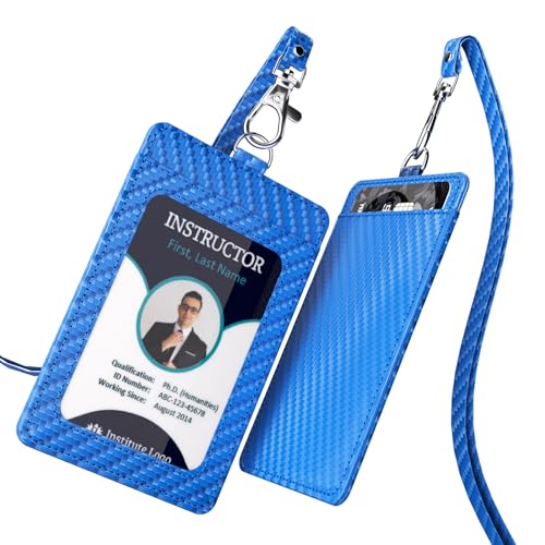 Carbon Fiber Work ID Card Holder with Lanyard, Blue - color: Blue