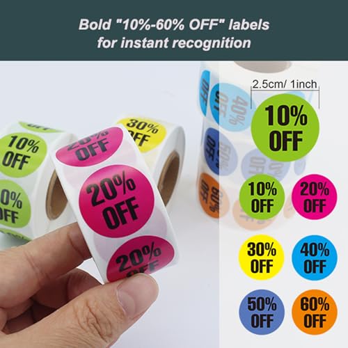 6Rolls/3000 PCS Discount Stickers, Percent Discount from 10% to 60%