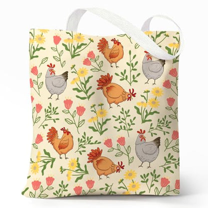 Cute Canvas Tote Bag for Women, Book Totebag with Zipper Pocket - color: Chicken Flowers