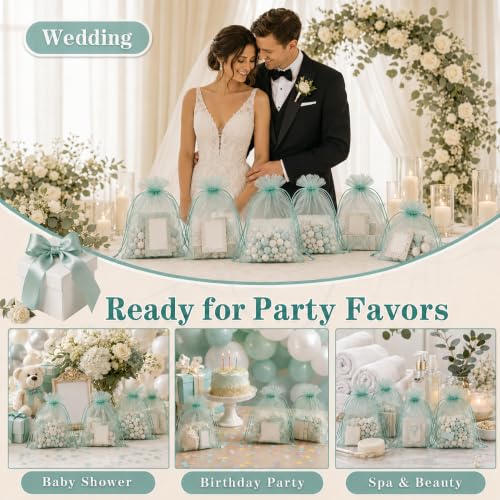 Jexila 100 Pack Teal Organza Gift Bags 5X7 Satin Drawstring Mesh Gift Pouch - color: Aqua