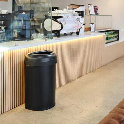 simplehuman Semi-Round Open Can, 80L / 21.1 Gallon Commercial Trash Can with Flat Back for Restaurants, Cafes, Lobbies, Dent-Resistant Heavy Gauge Steel, ADA-Compliant, Matte Black Steel - color: Matte Black, size: 80L Semi-Round