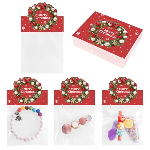 joycraft Jewelry Packaging for Small Business – 100Pcs OPP Clear Xmas Treat Bags with Merry Christmas Wreath Cards, Christmas Jewerly Display Bags Packaging for Selling, Party Favors, Holiday - color: Red with Garland