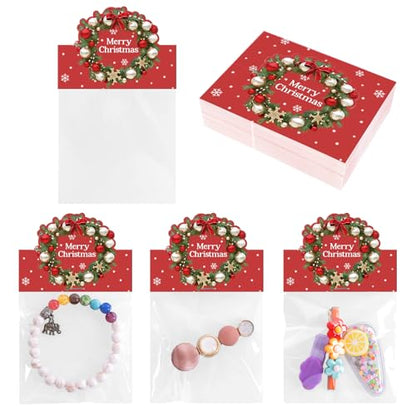 joycraft Jewelry Packaging for Small Business – 100Pcs OPP Clear Xmas Treat Bags with Merry Christmas Wreath Cards, Christmas Jewerly Display Bags Packaging for Selling, Party Favors, Holiday - color: Red with Garland