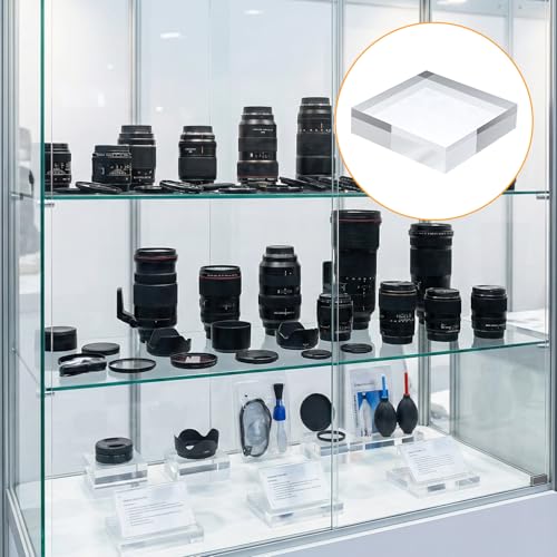 4 Pcs Acrylic Display Block, 4 x 4 x 1 Inch Clear Polished Square Cube Riser Pedestal Stand for Jewelry Rings Cake Perfume Ornaments Collection